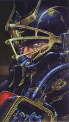  1980s_(style) 1boy armor artist_request blue_eyes close-up helmet looking_at_viewer m.d._geist male_focus mds-02_geist respirator retro_artstyle solo 