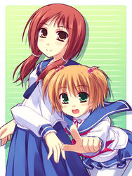  2girls bad_id bad_pixiv_id brown_eyes green_eyes hair_bobbles hair_ornament hug kataoka_yuuki kiyosumi_school_uniform long_hair moriguchi_yuu multiple_girls oerba_yun_fang orange_hair pointing red_hair saki_(manga) school_uniform serafuku short_hair takei_hisa two_side_up 