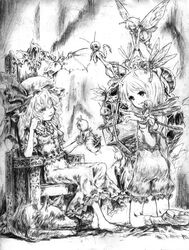  2girls antennae barefoot creature fairy feet greyscale hat katzeh mini_person minigirl monochrome multiple_girls photoshop_(medium) remilia_scarlet short_hair throne touhou vampire wriggle_nightbug 