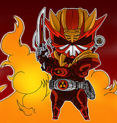  1boy armed_hibiki belt chibi fire kamen_rider kamen_rider_hibiki kamen_rider_hibiki_(series) kaos lowres male_focus solo sword weapon 