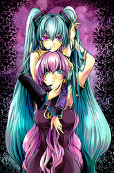  2girls aqua_hair blue_eyes commentary_request detached_sleeves hatsune_miku long_hair megurine_luka multiple_girls nekoritatsuki pink_hair purple_eyes twintails very_long_hair vocaloid 