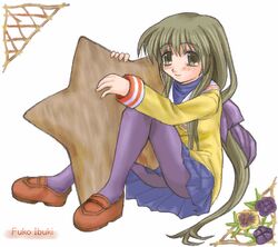  bad_anatomy blue_(ao_maru) brown_hair clannad female flower ibuki_fuuko lowres oekaki pantyhose school_uniform solo starfish yellow_eyes 