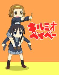  2girls akiyama_mio black_hair blunt_bangs brown_hair carrying commentary_request drumsticks dual_wielding gun hairband holding k-on! kill_me_baby kimineri long_hair multiple_girls parody pun sakuragaoka_high_school_uniform school_uniform shoulder_carry tainaka_ritsu title_parody translated weapon 