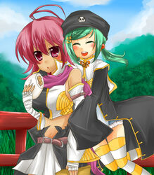  2girls bad_id bad_pixiv_id blush chinkyuu closed_eyes food hat hug koihime_musou multiple_girls ryofu tomcho 