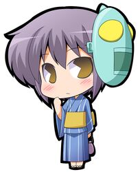  blue_kimono brown_eyes chibi commentary_request endless_eight female japanese_clothes kimono lowres mask nagato_yuki pac-man_eyes purple_hair short_hair solo suntail suzumiya_haruhi_no_yuuutsu yukata 