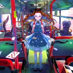  alice_(alice_in_wonderland) alice_in_wonderland backpack bag blonde_hair blue_eyes bow brown_hair bus bus_interior card cherry_blossoms coffee colorful commentary_request cup dress female floating_card hairbow hat kneehighs long_hair mad_hatter_(alice_in_wonderland) motor_vehicle petals pocket_watch socks tea top_hat train_interior tray vanishing_point watch white_rabbit_(alice_in_wonderland) zain 