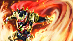  1boy armor bad_id bad_pixiv_id bat_(animal) belt cape fire full_armor gold_armor kamen_rider kamen_rider_kiva kamen_rider_kiva_(emperor_form) kamen_rider_kiva_(series) male_focus red_cape solo tokusatsu yanagi_ryuuta 