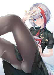  admiral_graf_spee_(azur_lane) admiral_graf_spee_(girl&#039;s_sunday)_(azur_lane) ass azur_lane black_dress black_pantyhose blue_eyes blush bugles_(food) bugles_on_fingers collared_dress cross dress female hair_between_eyes highres legs looking_at_viewer multicolored_hair nakazawa_aki necktie official_alternate_costume pantyhose red_hair red_necktie spread_fingers streaked_hair thighs white_hair 