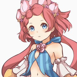  bare_shoulders blue_eyes breasts detached_sleeves dragalia_lost female flower hair_flower hair_ornament long_hair looking_at_viewer maribelle_(dragalia_lost) navel parted_lips pink_hair po_pooch small_breasts solo twintails upper_body white_background 