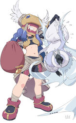  2girls ankle_boots armor bandaged_leg bandages beret bike_shorts bird_legs black_gloves black_tube_top blue_hair boots braid capelet claws commentary_request covered_eyes digimon digimon_(creature) flat_chest flying_sweatdrops full_body gauntlets gloves grin groin hair_ribbon hat helmet highres holding holding_clothes holding_hat long_hair midriff minervamon monster_girl multiple_girls musical_note musical_note_print navel prank red_footwear red_headwear ribbon sasasi shoulder_armor sidelocks signature simple_background sirenmon smile snake_mask standing strapless talons teeth tress_ribbon tube_top twin_braids unworn_hat unworn_headwear very_long_hair waist_cape white_background white_capelet white_gloves winged_helmet wings x_navel 