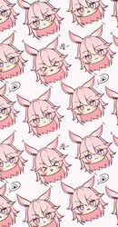  &gt;_&lt; 6+girls :&gt; :3 :o animal_ears chinese_commentary closed_mouth commentary food fox_ears head_only highres honkai_(series) honkai_impact_3rd long_hair looking_at_viewer looking_back multiple_girls onigiri pink_background pink_hair purple_eyes qian_xii saliva simple_background sweat yae_sakura 