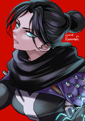  animification apex_legends artist_name black_bodysuit black_hair black_scarf blue_eyes bodysuit breasts commentary dated ear_piercing electricity female hair_behind_ear hair_bun head_tilt highres looking_at_viewer medium_breasts nose_piercing parted_bangs piercing red_background satou_ramune scarf signature simple_background single_hair_bun solo upper_body wraith_(apex_legends) 