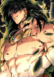  1boy armlet black_hair broly_(dragon_ball_z) choker dated dragon_ball dragon_ball_z earrings glowing grin hair_over_one_eye hoop_earrings jewelry long_hair male_focus muscular muscular_male necklace rubble shin_(sinsin12121) signature smile solo topless_male twitter_username upper_body 