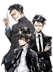  3boys absurdres amano_akira azusawa_kouichi belt black_hair black_necktie black_suit blue_eyes blue_shirt brown_eyes card commentary_request formal highres kei_mikhail_ignatov key_visual looking_at_viewer multiple_boys necktie official_art promotional_art psycho-pass shindou_arata shirt short_hair suit white_background white_shirt yellow_eyes 