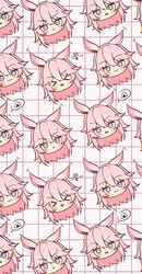  &gt;_&lt; 6+girls :&gt; :3 :o animal_ears chinese_commentary closed_mouth commentary food fox_ears grid_background head_only highres honkai_(series) honkai_impact_3rd long_hair looking_at_viewer looking_back multiple_girls onigiri pink_background pink_hair purple_eyes qian_xii saliva simple_background sweat yae_sakura 