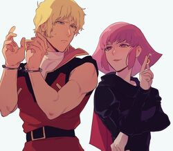  1boy belt blonde_hair blue_eyes char_aznable crossed_arms cuffs empty_eyes female frown gundam haman_karn handcuffs holding holding_key key long_sleeves looking_at_another muscular muscular_male no_pupils otenki93 parted_lips pink_hair purple_eyes quattro_bajeena shirt short_hair simple_background sleeveless smile sparkle sweat turtleneck upper_body white_background white_shirt zeta_gundam 