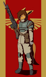  2022 3:5 absurd_res anthro armor astra_militarum black_nose brown_hair canid canine canis clothing cosplay fluffy fluffy_tail full-length_portrait gloves gun hair handwear hi_res holding_object holding_weapon imperial_guard jackal jackie_hiero knee_pads male mammal portrait purple_eyes ranged_weapon short_hair smile solo tail the_man trigger_discipline warhammer_(franchise) warhammer_40000 weapon 