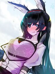  :q animal_ears arknights black_bra black_hair blaze_(arknights) blue_eyes blush bra bra_visible_through_clothes breasts cat_ears cat_girl chest_belt chest_strap female hairband hige_qr highres jacket large_breasts licking_lips long_hair looking_at_viewer red_hairband see-through shirt signature solo tank_top tongue tongue_out underwear upper_body wet wet_clothes wet_shirt white_jacket white_tank_top 