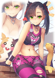  :d ^^^ alternate_breast_size asymmetrical_bangs bare_shoulders black_choker black_gloves black_hair blush breasts choker closed_mouth collarbone commentary_request crop_top earrings female gloves green_eyes hair_ribbon heart highres jewelry liepard long_hair looking_at_viewer marnie_(pokemon) medium_breasts morpeko morpeko_(full) navel oerba_yun_fang open_mouth pantyhose pink_shorts pokemon pokemon_(creature) pokemon_swsh red_ribbon ribbon shorts sitting sleeveless smile stomach striped_clothes striped_pantyhose tatapopo torn_clothes torn_legwear twintails zoom_layer 