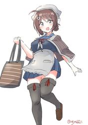  absurdres apron bag bandana blue_serafuku blue_skirt braid braided_hair_rings brown_hair brown_shawl chougei_(kancolle) feet_out_of_frame female grey_eyes grey_thighhighs hair_ornament hair_rings hairclip headgear highres kantai_collection long_hair neckerchief one-hour_drawing_challenge pleated_skirt robinson_(day_l_full) sailor_collar school_uniform serafuku shawl simple_background skirt solo thighhighs twin_braids two_side_up waist_apron whale_hair_ornament white_apron white_background white_neckerchief 