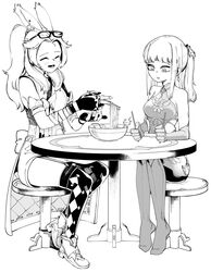  2girls :d absurdres animal_ears bare_shoulders blush bowl chair chopsticks commission dress earrings elbow_gloves eyewear_on_head final_fantasy final_fantasy_xiv fingerless_gloves fingernails food from_side glasses gloves greyscale highres holding holding_chopsticks jewelry korean_commentary long_hair mnnnya mole mole_under_eye monochrome multiple_girls noodles omega-f omega_(final_fantasy) open_mouth parted_lips pixiv_commission ponytail rabbit_ears ramen shoes simple_background sitting smile stool tailcoat thighhighs viera warrior_of_light_(ff14) white_background 