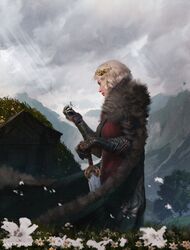  anato_finnstark artist_name commentary_request crown day eowyn female flower from_side fur-trimmed_jacket fur_trim gauntlets grave highres holding holding_flower holding_sword holding_weapon jacket outdoors profile scenery short_hair solo standing sword the_lord_of_the_rings tolkien&#039;s_legendarium tree weapon white_flower 