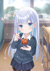  absurdres aharen-san_wa_hakarenai aharen_reina black_pantyhose blue_eyes blue_hair blue_jacket blue_skirt blunt_bangs blush chopsticks classroom collared_shirt cowboy_shot daimaru-kun female fingernails food highres holding holding_chopsticks indoors jacket light_blue_hair long_hair long_sleeves looking_at_viewer meatball open_mouth pantyhose pleated_skirt school_uniform shirt skirt solo standing straight_hair very_long_hair 