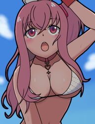  bare_shoulders bikini breasts cloud day female goddess_of_victory:_nikke hat large_breasts open_mouth outdoors pepper_(nikke) pepper_(ocean_vitamin)_(nikke) pink_eyes pink_hair side_ponytail siomizuuu sky solo swimsuit teeth upper_teeth_only white_bikini white_hat 