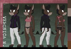  anthro asinus ass black_clothing black_hair black_jacket black_panties black_topwear black_underwear bottomwear bra breasts brown_body brown_eyes brown_fur cleavage clothed clothing colored_edge_panties donkey equid equine female fur hair hooves jacket katnay mammal model_sheet navel panties pants pink_bra pink_clothing pink_underwear rear_view short_hair solo tail the_whisperers topwear training_bra underwear veronica_(katnay) zipper zipper_jacket 