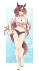  animal_ears bare_legs barefoot bikini bikini_under_clothes black_bikini breasts brown_eyes brown_hair collared_shirt commentary female front-tie_top green_nails hair_between_eyes hand_on_own_hip highres horse_ears horse_girl horse_tail long_hair looking_at_viewer medium_breasts multicolored_hair nail_polish navel parted_lips shirt short_sleeves sirius_symboli_(umamusume) solo streaked_hair swimsuit symbol-only_commentary tail tied_shirt umamusume very_long_hair white_hair white_shirt yugure 