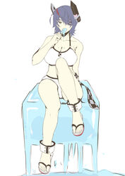  bikini breasts cleavage eating eyepatch feet female flip-flops food food_in_mouth full_body headgear highres ice ice_cube kantai_collection large_breasts melting official_alternate_costume oversized_object popsicle popsicle_in_mouth purple_hair sandals short_hair sitting solo swimsuit taira_yuuki tenryuu_(kancolle) tenryuu_(swimsuit_mode)_(kancolle) white_background white_bikini yellow_eyes 