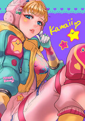  animification apex_legends aqua_gloves blonde_hair blue_eyes blush bodysuit bow breasts eyeshadow facial_tattoo female gloves green_bow heart highres kawaii_voltage_wattson looking_at_viewer makeup medium_breasts official_alternate_costume parted_lips pink_bodysuit pink_eyeshadow print_shirt purple_bow red_bow satou_ramune shirt solo star_(symbol) tattoo wattson_(apex_legends) yellow_shirt 