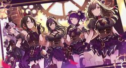  5girls bad_id bad_twitter_id black_dress black_hair blue_eyes breasts brown_eyes brown_hair commentary_request corset diagonal_bangs dress gears grey_hair grin hair_ribbon hamu_(plot_sy) hat highres idolmaster idolmaster_shiny_colors l&#039;antica_(idolmaster) large_breasts long_hair mitsumine_yuika monocle multiple_girls one_eye_closed open_mouth ponytail purple_eyes purple_hair ribbon shirase_sakuya single_thighhigh smile tanaka_mamimi thighhighs thighs top_hat tsukioka_kogane twintails underbust white_hair yellow_eyes yukoku_kiriko 