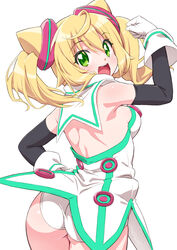  ahoge arm_up black_gloves blonde_hair blush breasts commentary_request cowboy_shot dot_nose elbow_gloves female from_behind gloves green_eyes hacka_doll hacka_doll_1 hair_between_eyes hand_on_own_hip long_hair looking_at_viewer looking_back medium_breasts open_mouth panties senzoc simple_background smile solo tareme twintails underwear white_background white_gloves white_panties 