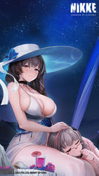  2girls bikini black_choker blue_flower blue_rose braid braided_ponytail breasts choker closed_eyes closed_mouth cocktail_umbrella collarbone copyright_name cup dress drinking_straw flower glasses goddess_of_victory:_nikke hand_on_another&#039;s_head hat highres jam_(nandade) lap_pillow large_breasts long_hair looking_at_viewer mary_(bay_goddess)_(nikke) mary_(nikke) meteor_shower multiple_girls neon_(blue_ocean)_(nikke) neon_(nikke) night night_sky official_alternate_costume official_art outdoors parted_lips pink_flower rose seashell see-through shell sitting skindentation sky sleeveless sleeveless_dress star_(sky) starry_sky sun_hat swimsuit thighs unusually_open_eyes white_bikini white_dress white_headwear 