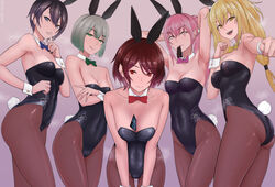  5girls :d alternate_breast_size alternate_costume animal_ears arm_support armpit_crease armpits arms_behind_head arms_up ass backless_outfit bare_shoulders between_breasts black_leotard blonde_hair blue_bow blue_bowtie blue_eyes blush bow bowtie breast_press breasts breasts_apart brown_pantyhose cleavage closed_mouth collarbone covered_navel detached_collar ear_piercing eyes_visible_through_hair facial_tattoo fake_animal_ears fake_tail finger_to_mouth girls&#039;_frontline gradient_background gradient_hair green_bow green_bowtie green_eyes green_hair grey_hair groin highleg highleg_leotard highres impossible_clothes impossible_leotard index_finger_raised js05_(girls&#039;_frontline) leaning_forward leotard licking licking_lips linea_alba lips long_hair looking_at_viewer looking_to_the_side medium_breasts mizukamakiri mouth_hold multicolored_hair multiple_girls musical_note musical_note_tattoo naughty_face open_mouth p22_(girls&#039;_frontline) pantyhose piercing pink_bow pink_bowtie pink_eyes pink_hair playboy_bunny pm-06_(girls&#039;_frontline) pm-9_(girls&#039;_frontline) ponytail quick_training_(girls&#039;_frontline) r5_(girls&#039;_frontline) rabbit_ears rabbit_tail red_bow red_bowtie red_eyes red_hair short_hair shushing side-tie_leotard sideboob smile standing steam steaming_body strapless strapless_leotard tail tattoo teeth thighs tongue tongue_out wrist_cuffs yellow_bow yellow_bowtie yellow_eyes 