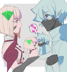  1boy blonde_hair breasts byakko_(shinkalion) female from_side grey_hair highres holding holding_stuffed_toy kissing kitoralsus looking_at_another mask medium_breasts mouth_mask red_eyes shinkalion_(series) shinkansen_henkei_robo_shinkalion short_hair straight stuffed_toy sumiredoljo suzaku_(shinkalion) 