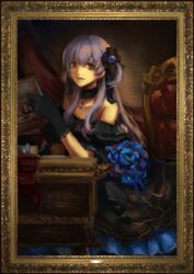  :d bad_id bad_pixiv_id black_dress black_gloves blue_flower blue_ribbon blue_rose brown_eyes choker collarbone dress female flower gloves hair_between_eyes hair_ornament jewelry lanlanlu_(809930257) long_dress long_hair looking_at_viewer necklace off-shoulder_dress off_shoulder open_mouth painting_(object) ribbon rose sengoku_musou silver_hair sitting smile solo very_long_hair 