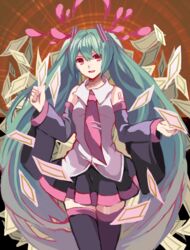  aqua_hair bad_id bad_pixiv_id black_skirt black_thighhighs collared_shirt cowboy_shot detached_sleeves dress_shirt female floating_hair grey_sleeves hair_between_eyes hatsune_miku highres holding lanlanlu_(809930257) long_hair long_sleeves looking_at_viewer miniskirt mousou_zei_(vocaloid) necktie pink_necktie pleated_skirt red_eyes red_necktie shiny_skin shirt skirt sleeveless sleeveless_shirt solo standing thighhighs very_long_hair vocaloid white_shirt wing_collar zettai_ryouiki 