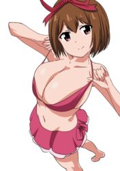  arms_at_sides bikini bob_cut breasts brown_hair cleavage collarbone commentary dot_nose female hair_ribbon large_breasts looking_at_viewer navel okape pink_bikini ribbon short_hair swimsuit takamiya_nasuno teekyuu white_background 