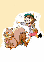  2019 absurd_res angry backpack brown_body brown_eyes brown_fur button_dress chasing cheri_berry chesto_berry clothing dress duo food footwear fruit fur generation_8_pokemon gloria_(pokemon) greedent hair hat headgear headwear hi_res human jacket mammal mochy nintendo orange_background pecha_berry plant pokemon pokemon_(species) pokemon_berry raised_arm rawst_berry rodent running sciurid shoes short_hair simple_background sitrus_berry sweater tam_o&#039;_shanter topwear 