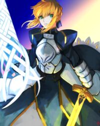  ahoge armor armored_dress artoria_pendragon_(fate) blonde_hair blue_dress blue_ribbon braid braided_bun breastplate dress excalibur_(fate/stay_night) expressionless fate/grand_order fate/stay_night fate_(series) female gauntlets green_eyes hair_bun highres juliet_sleeves long_sleeves looking_at_viewer moedredd painterly puffy_sleeves rhongomyniad_(fate) ribbon saber_(fate) solo 