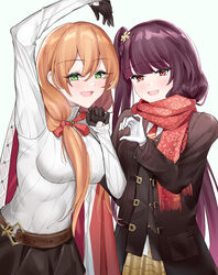  2girls absurdres bad_id bad_pixiv_id belt black_coat black_gloves black_skirt blush breasts brown_belt cape coat commentary girls&#039;_frontline gloves green_eyes happy_new_year heart heart_hands heart_hands_failure highres long_hair long_sleeves looking_at_viewer medium_breasts multiple_girls new_year official_alternate_costume one_smoke open_clothes open_coat open_mouth orange_hair parted_lips purple_hair red_cape red_eyes red_scarf scarf side_ponytail skirt smile springfield_(girls&#039;_frontline) springfield_(o_holy_night)_(girls&#039;_frontline) sweater upper_body wa2000_(date_in_the_snow)_(girls&#039;_frontline) wa2000_(girls&#039;_frontline) white_background white_gloves white_sweater 