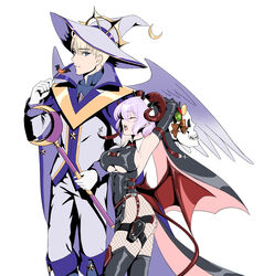  1boy angel_wings axia-chan black_gloves blonde_hair breasts crescent demon_horns demon_tail demon_wings elbow_gloves female gloves grey_hair halloween hat highres horns large_breasts leopold_(symphogear) medium_hair senki_zesshou_symphogear senki_zesshou_symphogear_xd_unlimited short_hair tail underboob wings witch_hat yukine_chris 