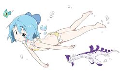  air_bubble alternate_costume ass back barefoot bikini blue_bow blue_eyes blue_hair bow bow_bikini breasts bubble butt_crack cirno closed_mouth collarbone dimples_of_venus female fish from_side full_body hair_between_eyes highres ice ice_wings kneepits kt_kkz legs mini_wings parted_bangs peeper_(subnautica) short_hair simple_background small_breasts smile solo stalker_(subnautica) subnautica swimming swimsuit touhou underwater white_background white_bow wings yellow_bikini 