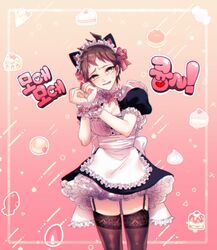  ahoge alternate_costume animal_ears apron black_dress blush bow breasts brown_hair brown_thighhighs cake_print cat_ears cleavage commentary_request cowboy_shot danganronpa_(series) danganronpa_2:_goodbye_despair dress enmaided fake_animal_ears female frilled_apron frilled_sleeves frills garter_straps genderswap_(mtf) gwanlamcha hairbow hands_up highres hinata_hajime korean_text large_breasts looking_at_viewer maid open_mouth pink_bow puffy_short_sleeves puffy_sleeves rule_63 short_dress short_hair short_sleeves skindentation smile solo sweatdrop thighhighs translation_request white_apron wrist_cuffs 