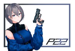  blue_eyes blue_jacket blush breasts character_name female girls&#039;_frontline grey_hair gun hair_between_eyes handgun highres holding holding_gun holding_weapon jacket looking_at_viewer medium_breasts p22_(girls&#039;_frontline) short_hair simple_background skyblack/kurozora sleeveless smile solo trigger_discipline turtleneck walther_p22 weapon white_background 