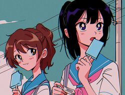  1990s_(style) 2girls bag black_hair blue_sailor_collar blush brown_eyes brown_hair closed_mouth cloud commentary eating film_grain flash_cards food hibike!_euphonium highres holding holding_food kitauji_high_school_uniform kousaka_reina long_hair looking_at_another looking_to_the_side multiple_girls neckerchief nzeneee open_mouth oumae_kumiko outdoors parody pink_neckerchief popsicle power_lines purple_eyes retro_artstyle sailor_collar school_bag school_uniform serafuku shirt short_sleeves sky style_parody utility_pole white_shirt 