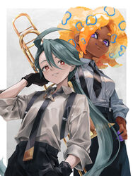  2girls ahoge androgynous aqua_hair black_necktie black_pants blue_eyes bright_pupils cephalopod_eyes collared_shirt commentary_request cowboy_shot dark-skinned_female dark_skin eyelashes grey_background hair_between_eyes highres horizontal_pupils instrument jajanome long_hair long_sleeves looking_at_viewer medium_hair multicolored_hair multiple_girls necktie octoling orange_hair pants parted_lips partial_commentary pokemon pokemon_sv purple_eyes red_eyes reverse_trap rika_(pokemon) shirt shirt_tucked_in smile splatoon_(series) splatoon_3 tao_blu_(splatoon) trombone very_long_hair white_pupils white_shirt 