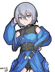  absurdres ass_visible_through_thighs bad_id bad_pixiv_id black_shorts blue_eyes blue_jacket closed_mouth collarbone contrapposto dated female girls&#039;_frontline hair_between_eyes hand_on_own_hip highres jacket jwh korean_commentary legs_apart looking_at_viewer p22_(girls&#039;_frontline) short_hair shorts simple_background solo standing thighs turtleneck white_background 